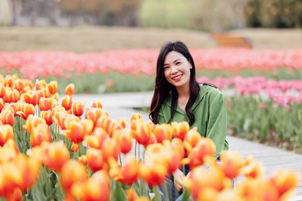 Woman in tulip field